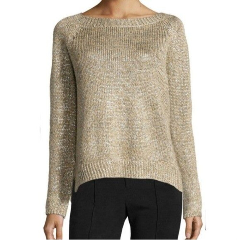 Vince Metallic Linen-Blend Boatneck Sweater in Brown Silver Size Small